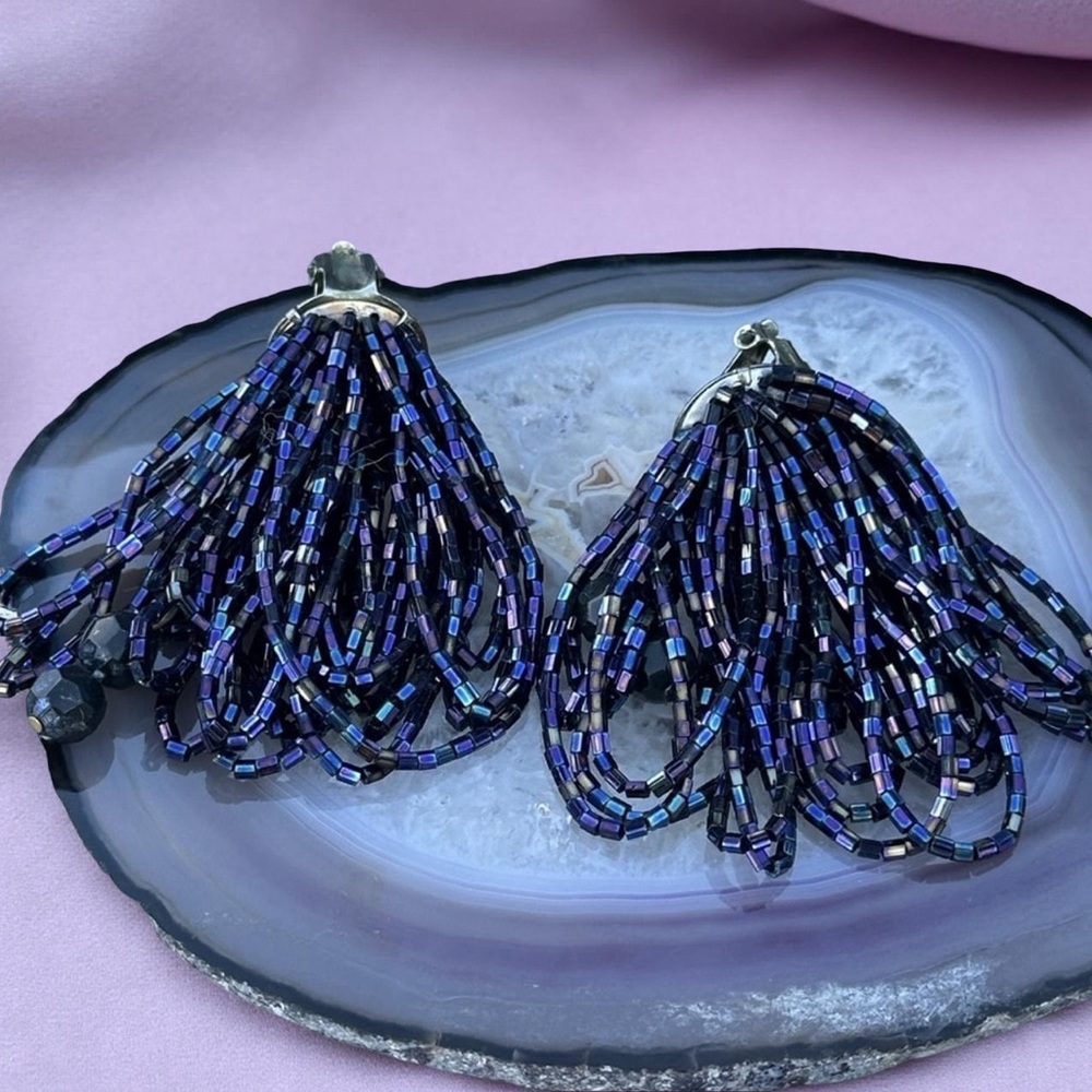 Vintage Multicolor Beaded Tassel Clip-on Earrings